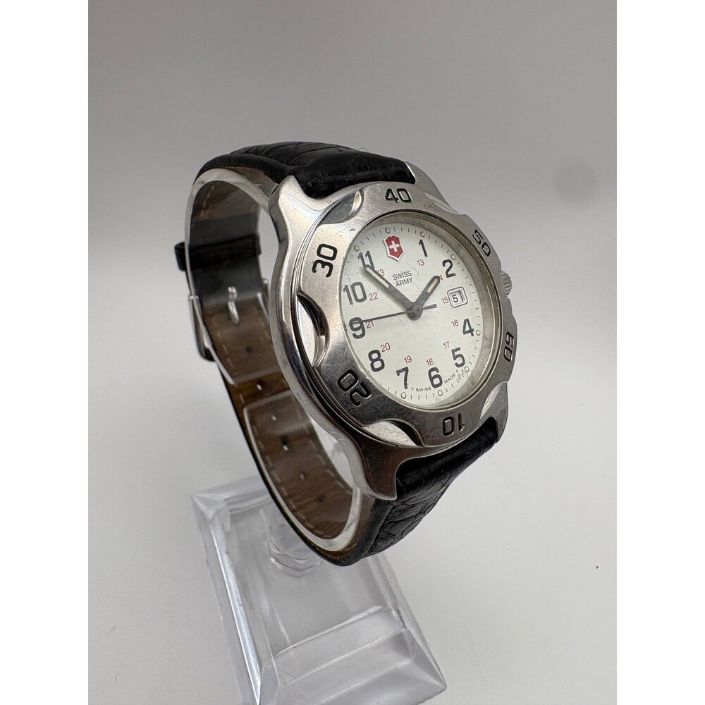 : Vintage Swiss Army Victorinox Watch White Dial Date 38mm Black Leather 330ft